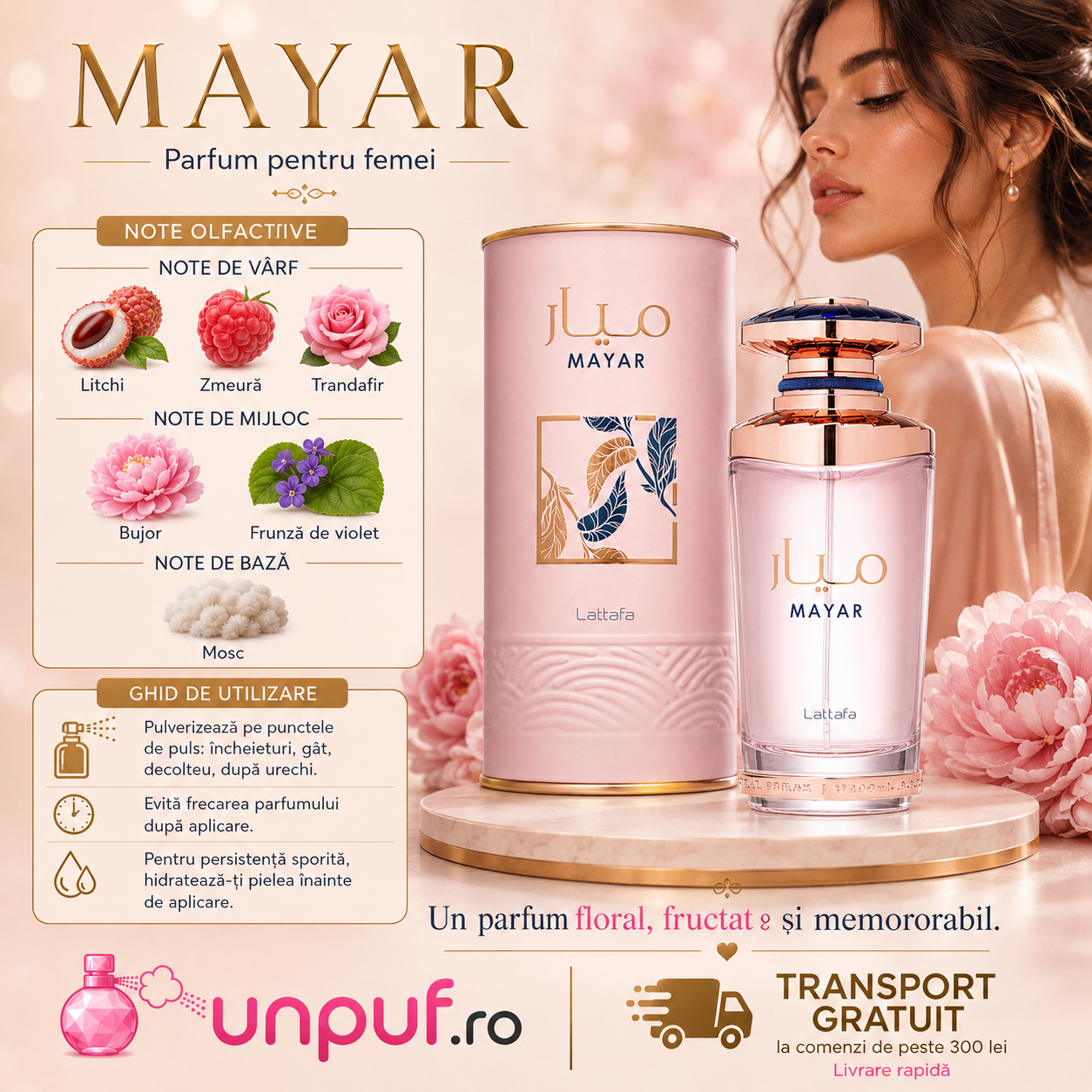 Ce primești &icirc;n colet Lattafa Mayar EDP 100 ml, parfum arabesc de damă ambalat cu atenție și potrivit pentru cadou